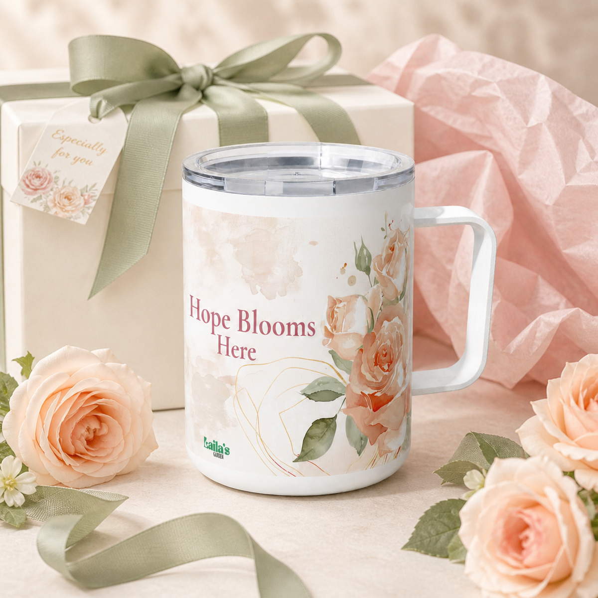 Laila's Garden Hope Blooms Here floral tumbler — 10oz soft rose travel mug