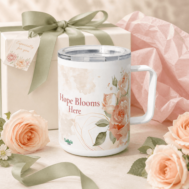 Laila's Garden Hope Blooms Here floral tumbler — 10oz soft rose travel mug