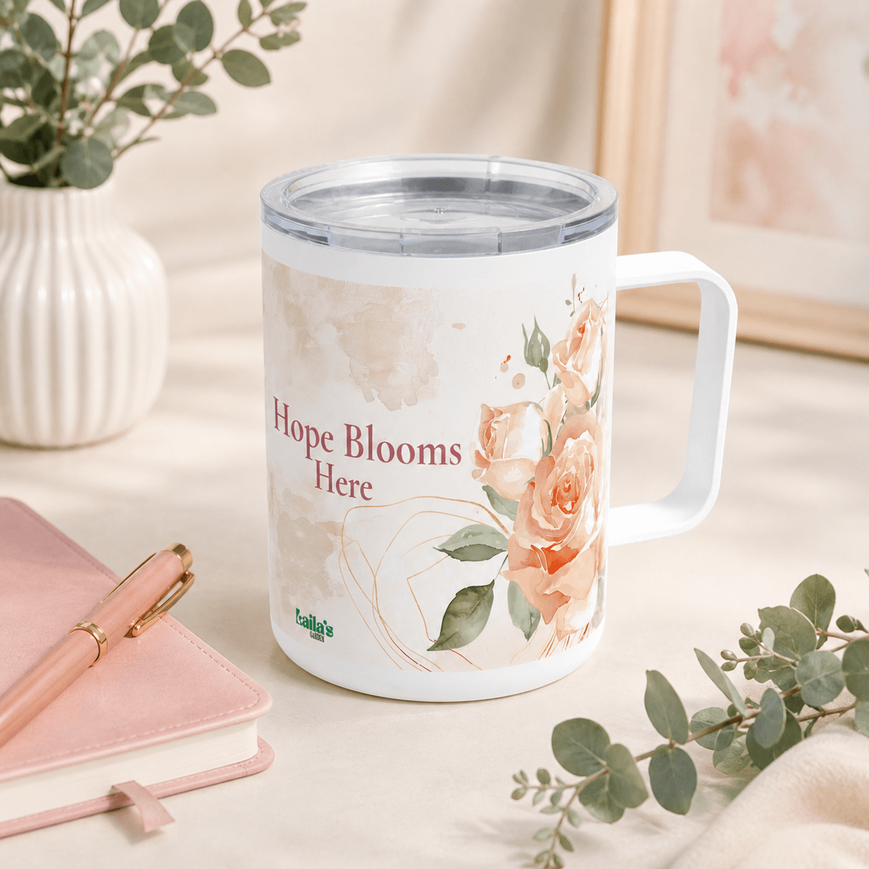 Hope Blooms Here mug from Laila's Garden — soft blush floral insulated tumbler
