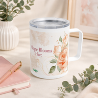 Hope Blooms Here mug from Laila's Garden — soft blush floral insulated tumbler