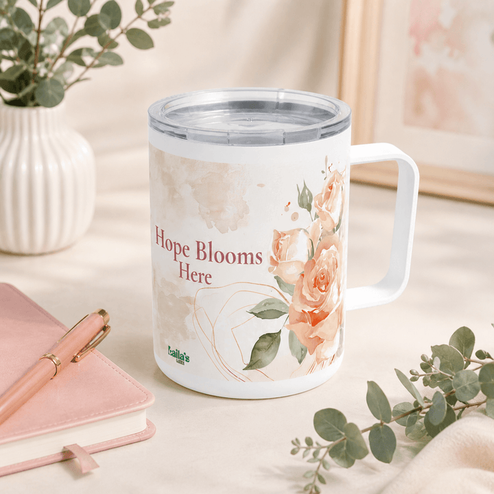 Hope Blooms Here mug from Laila's Garden — soft blush floral insulated tumbler