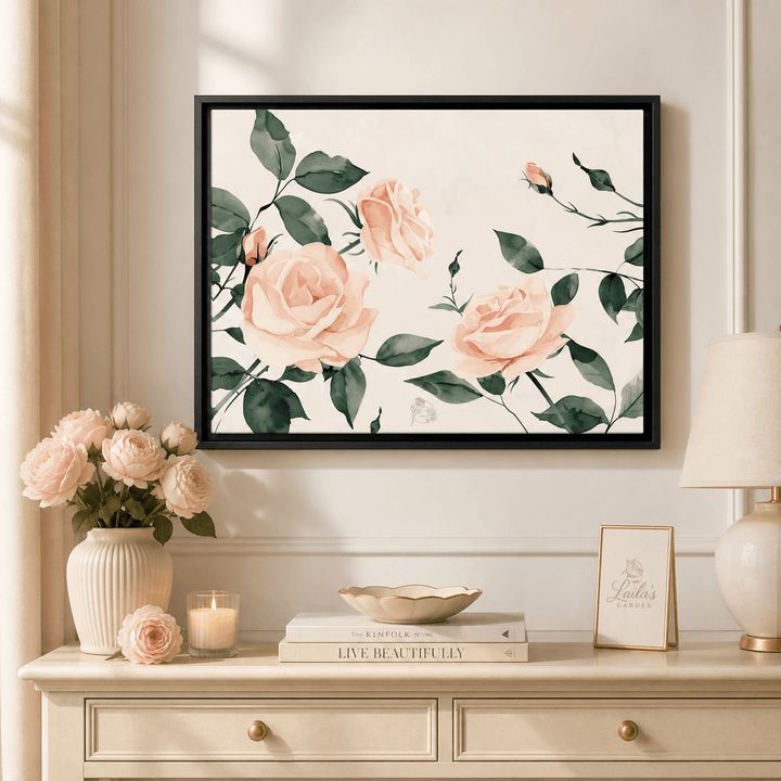 Soft Pink Rose framed canvas — blush and cream floral wall art from Laila's Garden