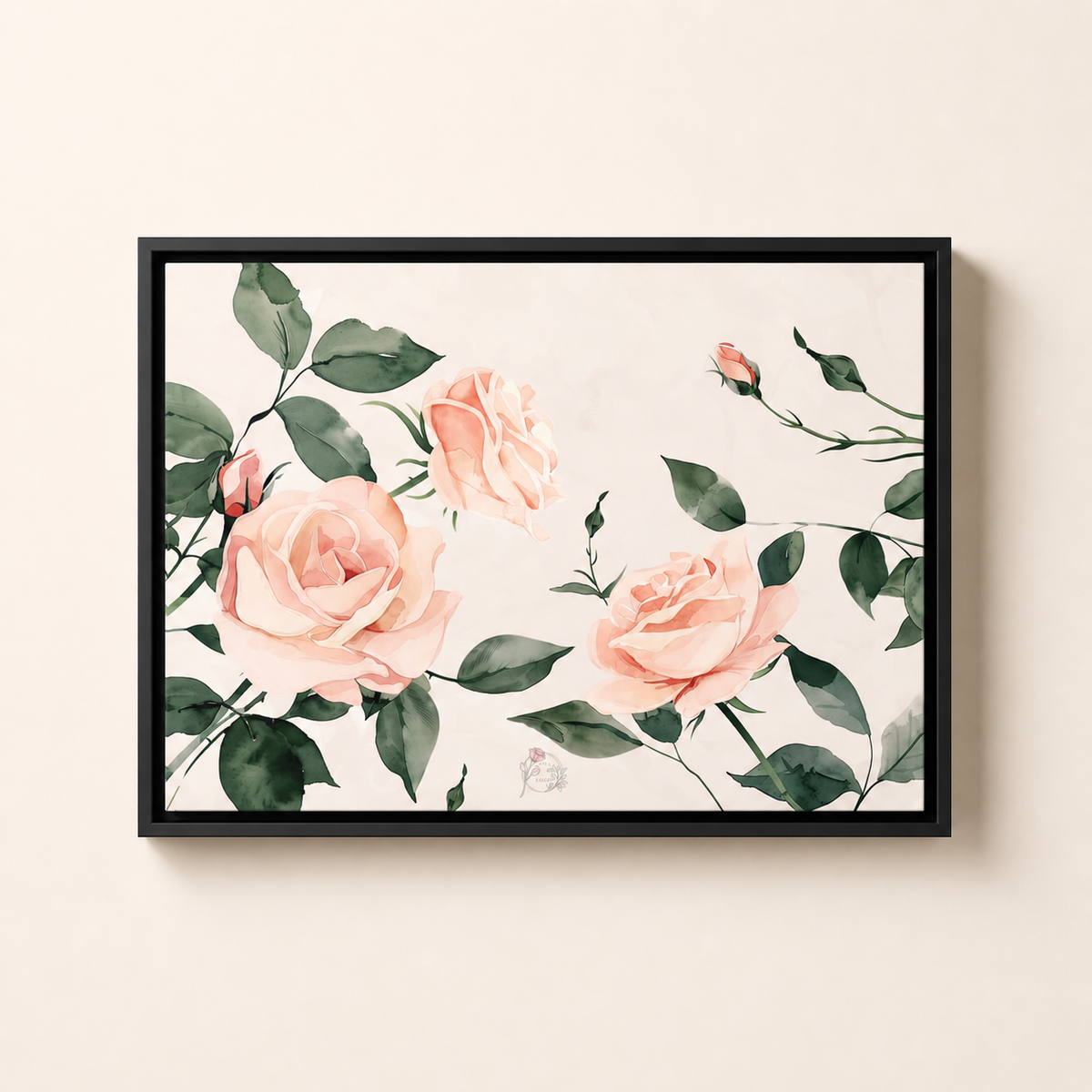 Pink rose framed canvas styled in room — Laila's Garden calming floral wall art