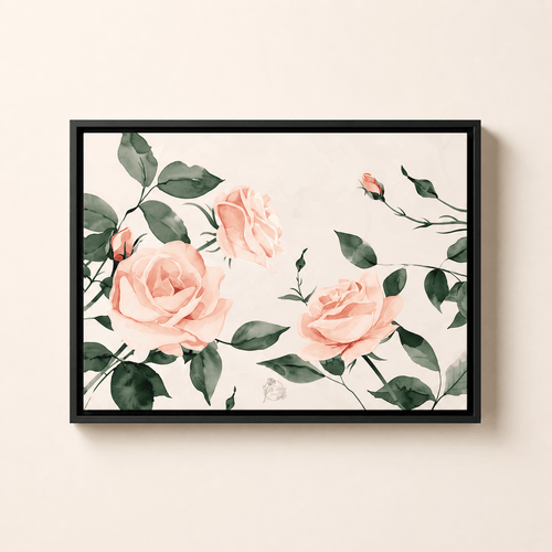 Pink rose framed canvas styled in room — Laila's Garden calming floral wall art