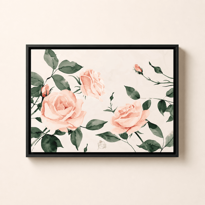 Pink rose framed canvas styled in room — Laila's Garden calming floral wall art