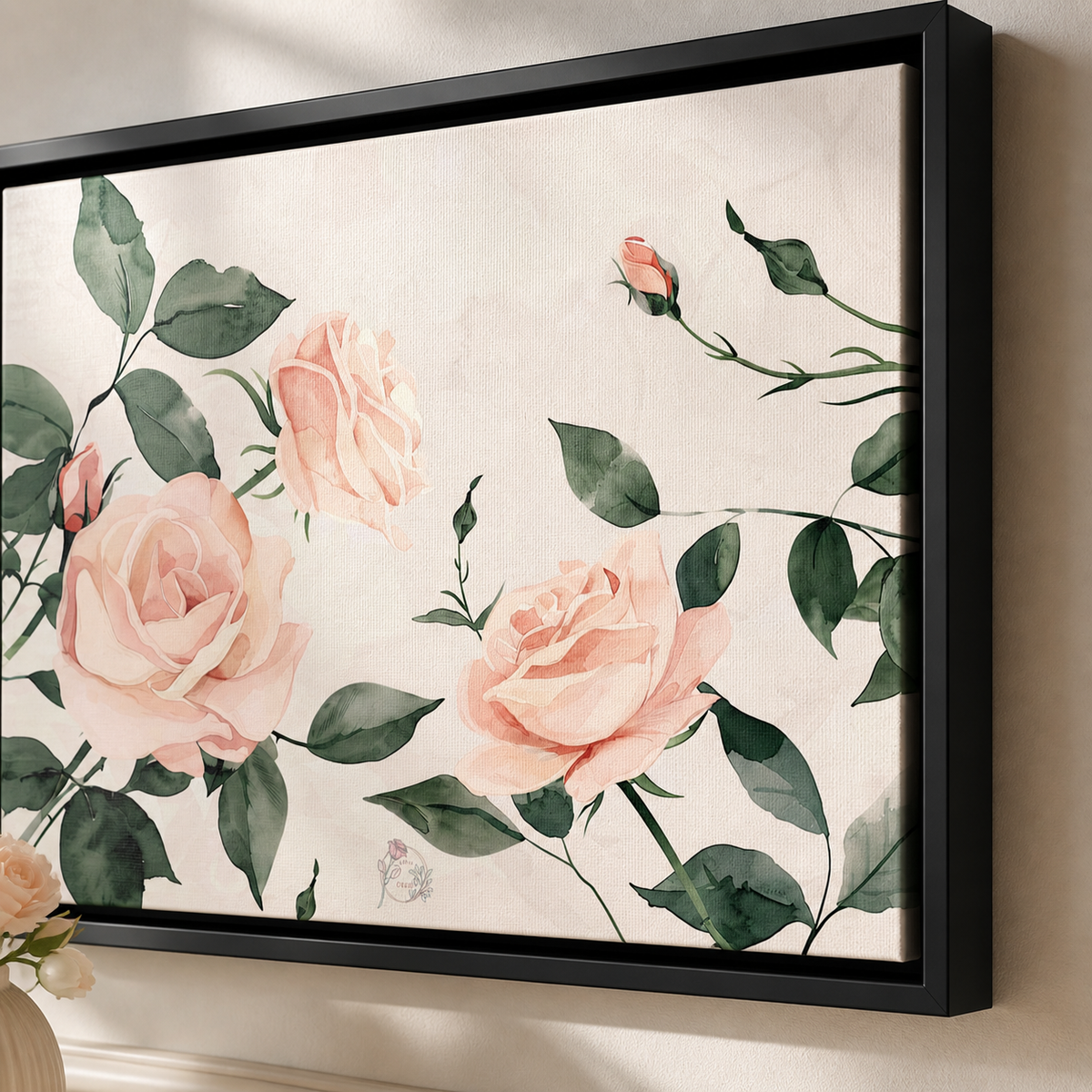 Soft Pink Rose canvas close-up — delicate watercolor blooms and sage leaves, Laila's Garden