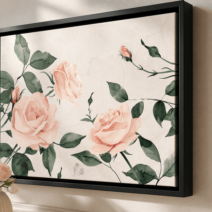 Soft Pink Rose canvas close-up — delicate watercolor blooms and sage leaves, Laila's Garden