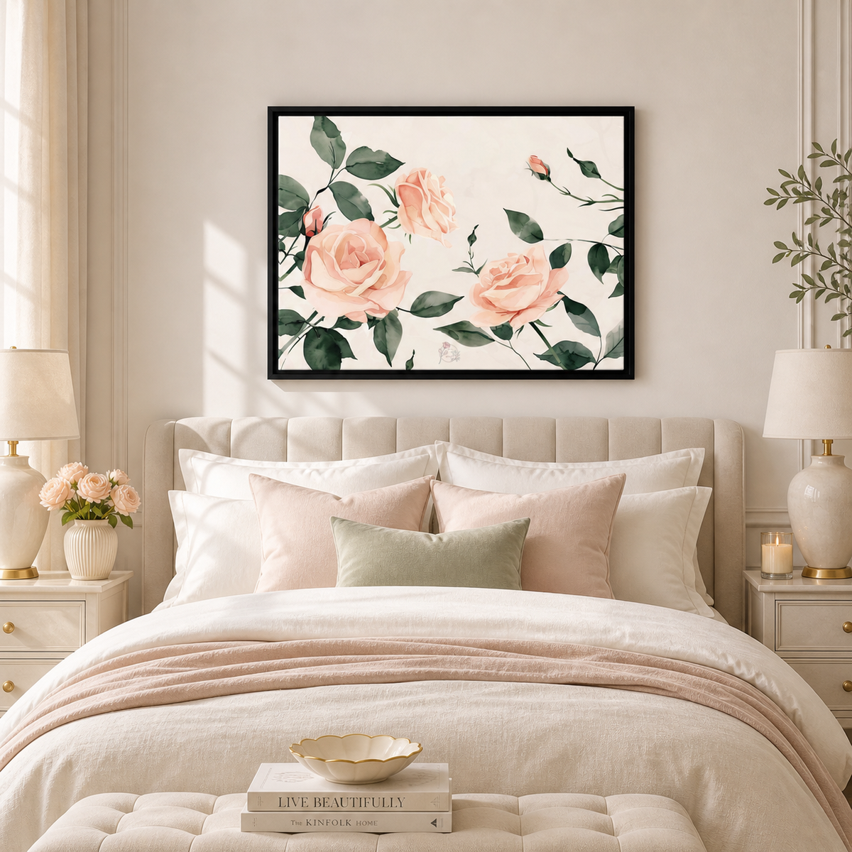 Framed rose wall art from Laila's Garden — white frame with blush floral design