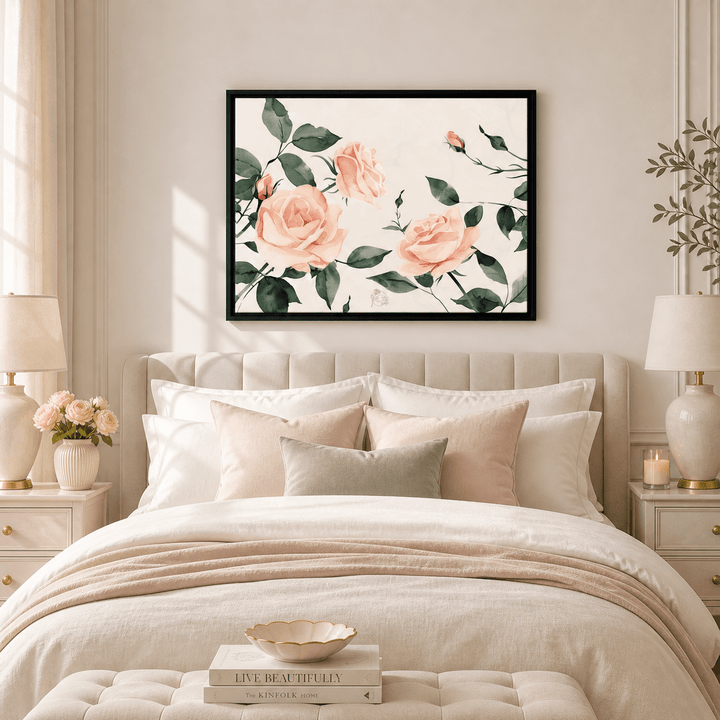 Framed rose wall art from Laila's Garden — white frame with blush floral design