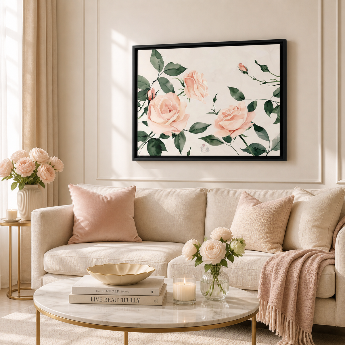 Laila's Garden pink rose canvas — black frame variant with soft botanical watercolor print