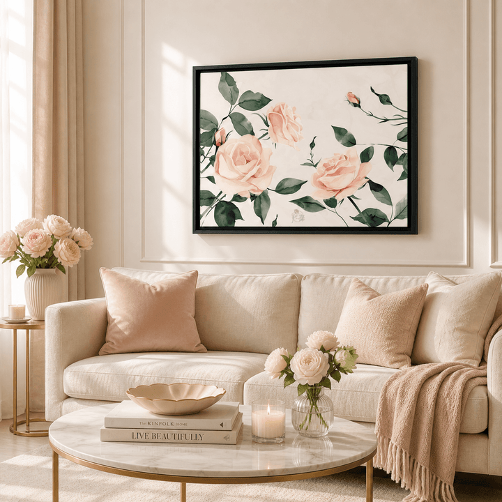 Laila's Garden pink rose canvas — black frame variant with soft botanical watercolor print