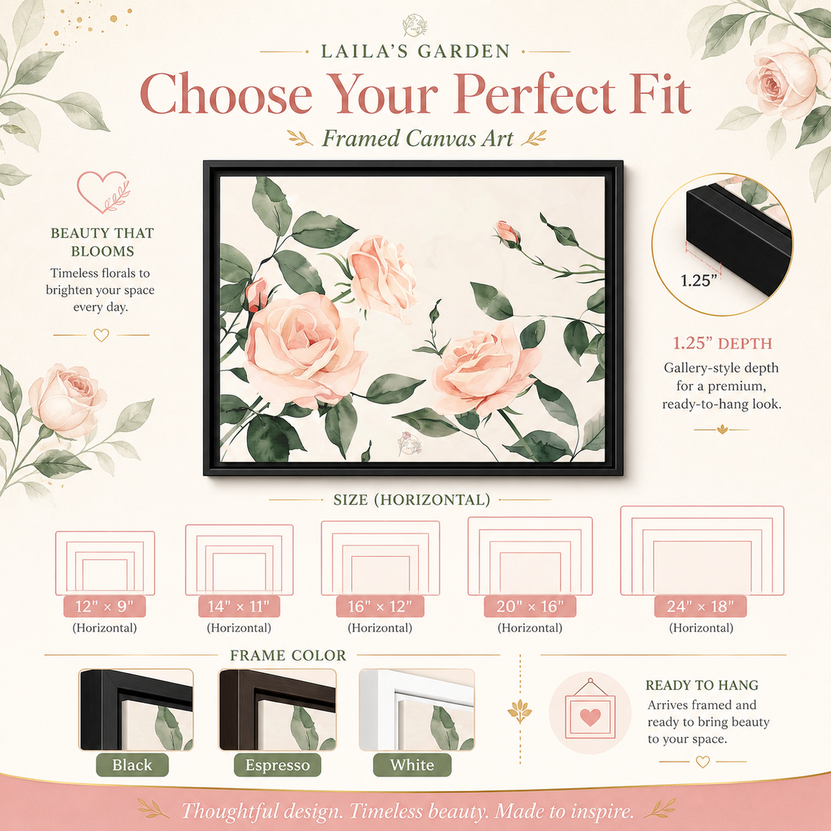 Rose framed canvas in lifestyle setting — Laila's Garden uplifting floral wall art in warm room