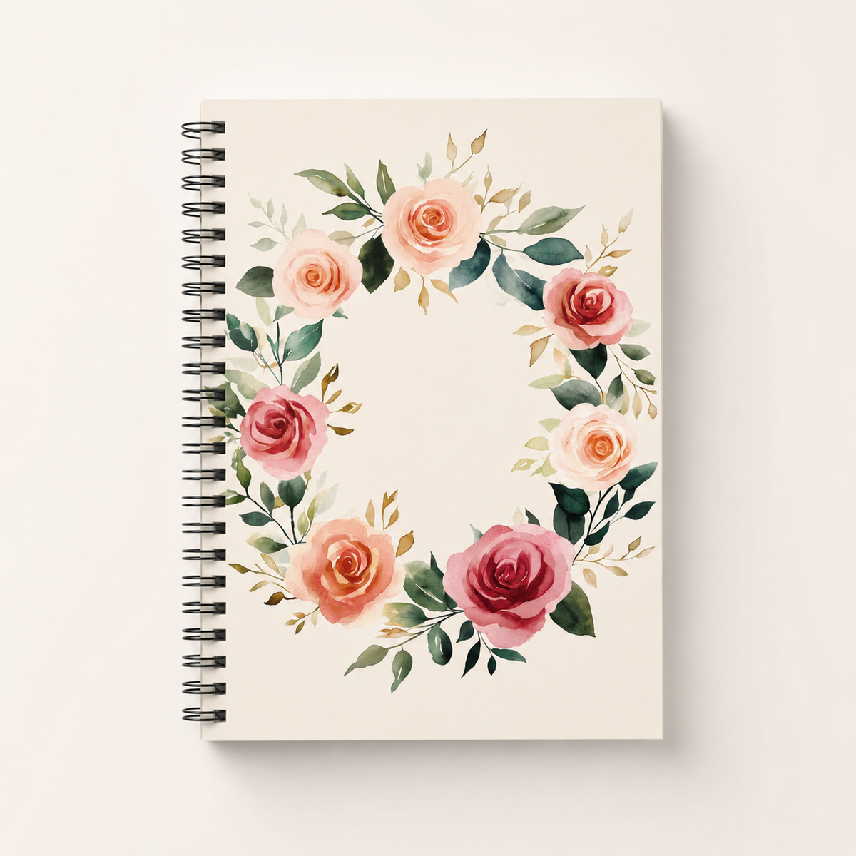 Watercolor Rose Wreath Spiral Notebook — blush and sage journal cover from Laila's Garden