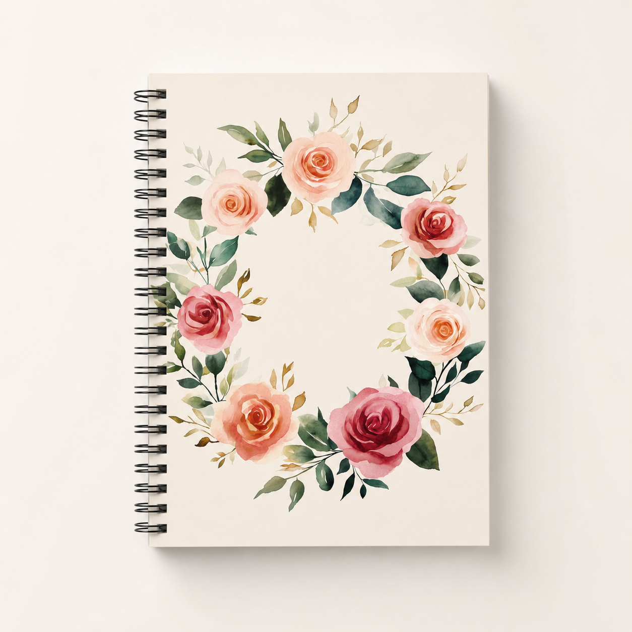 Watercolor Rose Wreath Spiral Notebook — blush and sage journal cover from Laila's Garden