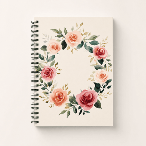 Watercolor Rose Wreath Spiral Notebook — blush and sage journal cover from Laila's Garden