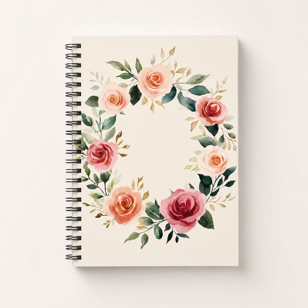 Watercolor Rose Wreath Spiral Notebook — blush and sage journal cover from Laila's Garden