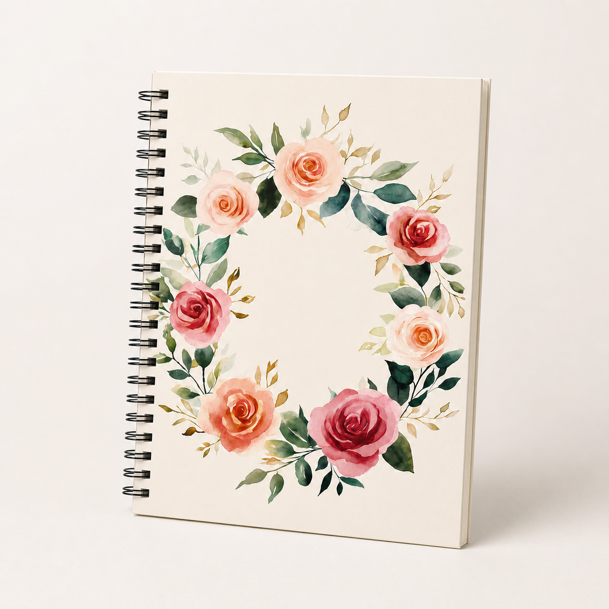 Rose wreath journal cover from Laila's Garden — soft watercolor blooms on 118-page spiral notebook