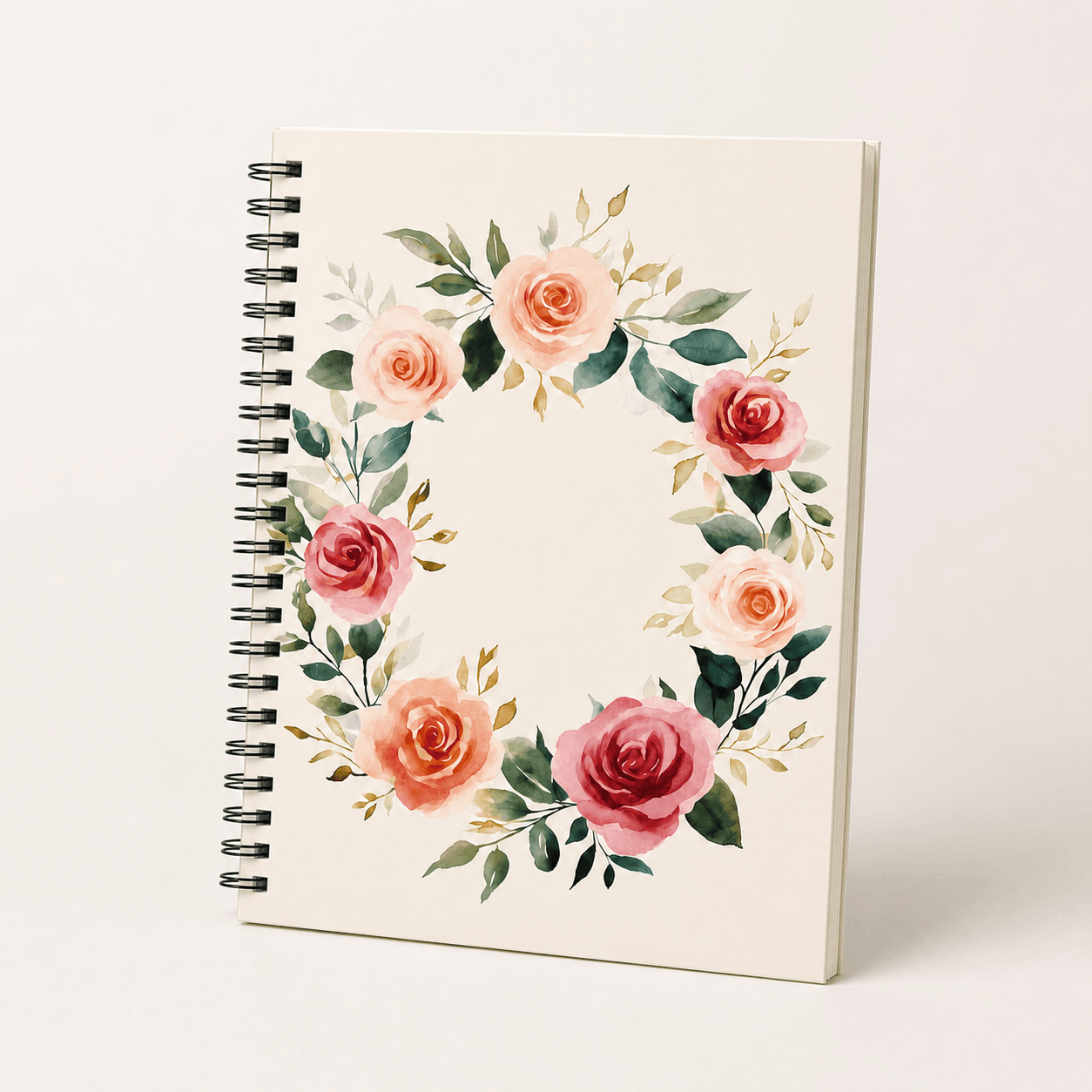 Rose wreath journal cover from Laila's Garden — soft watercolor blooms on 118-page spiral notebook