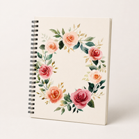 Rose wreath journal cover from Laila's Garden — soft watercolor blooms on 118-page spiral notebook