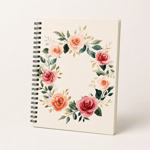 Rose wreath journal cover from Laila's Garden — soft watercolor blooms on 118-page spiral notebook