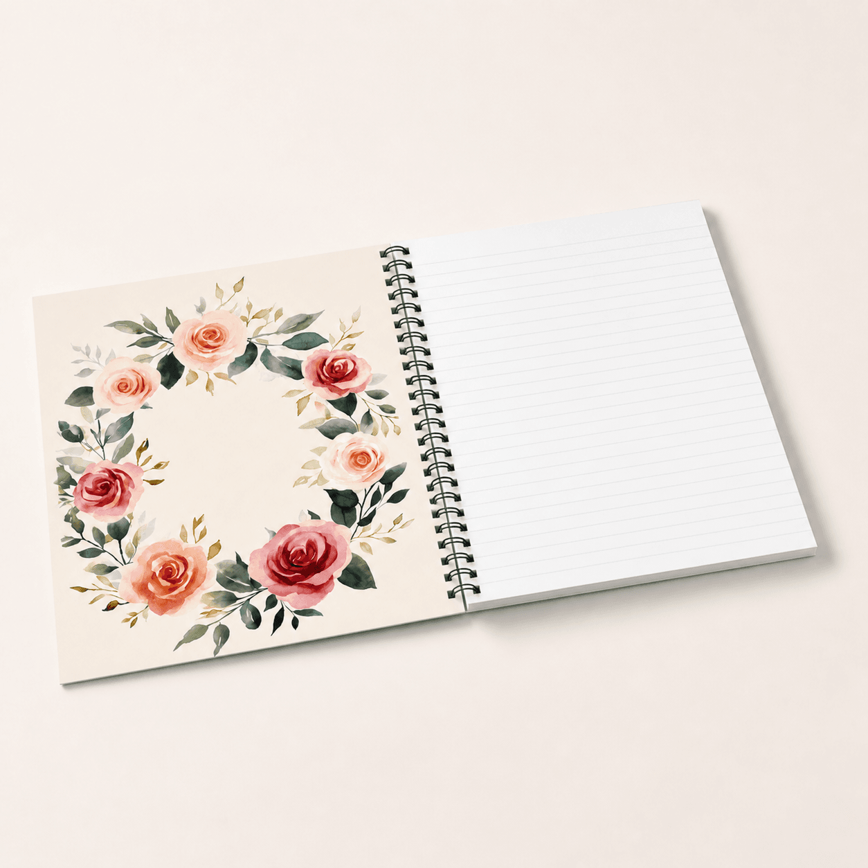 Laila's Garden spiral notebook with rose wreath design — ruled journal for quiet reflection