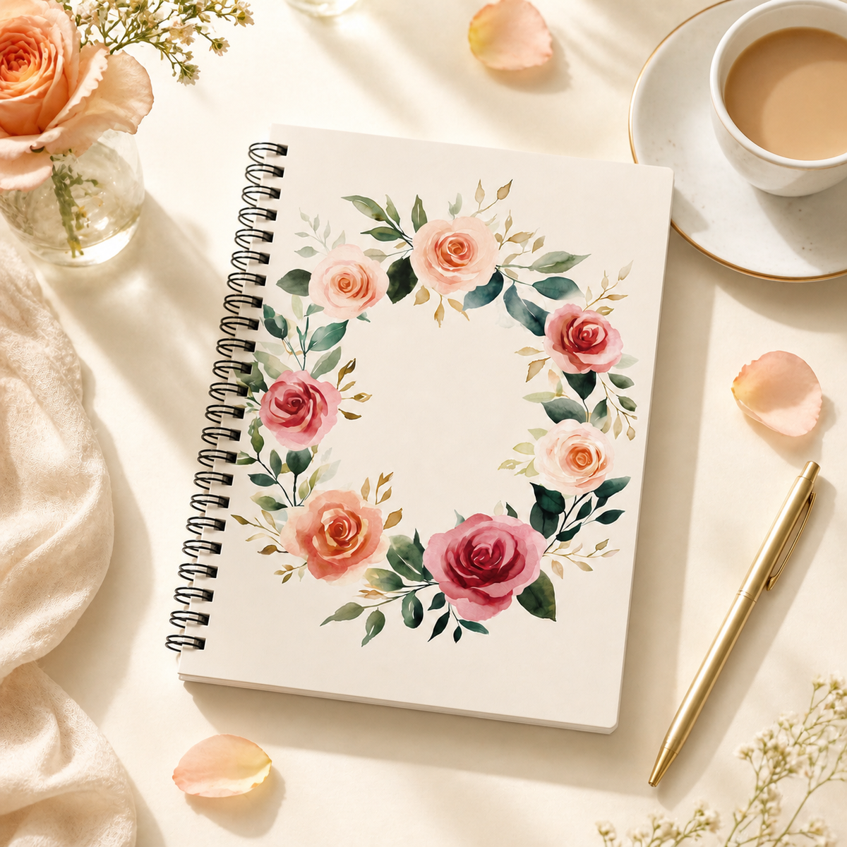Watercolor rose journal open to lined pages — Laila's Garden notebook for everyday thoughts