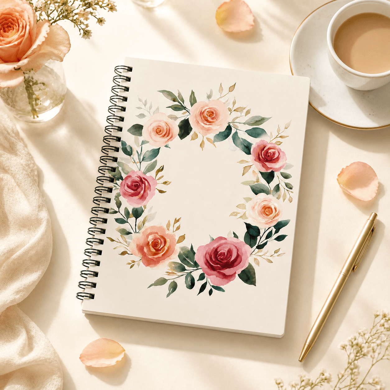 Watercolor rose journal open to lined pages — Laila's Garden notebook for everyday thoughts