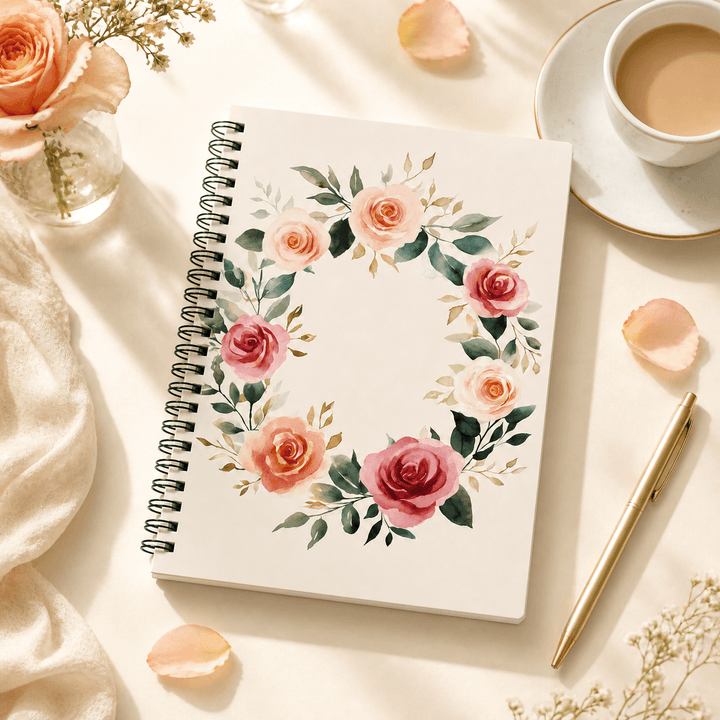 Watercolor rose journal open to lined pages — Laila's Garden notebook for everyday thoughts