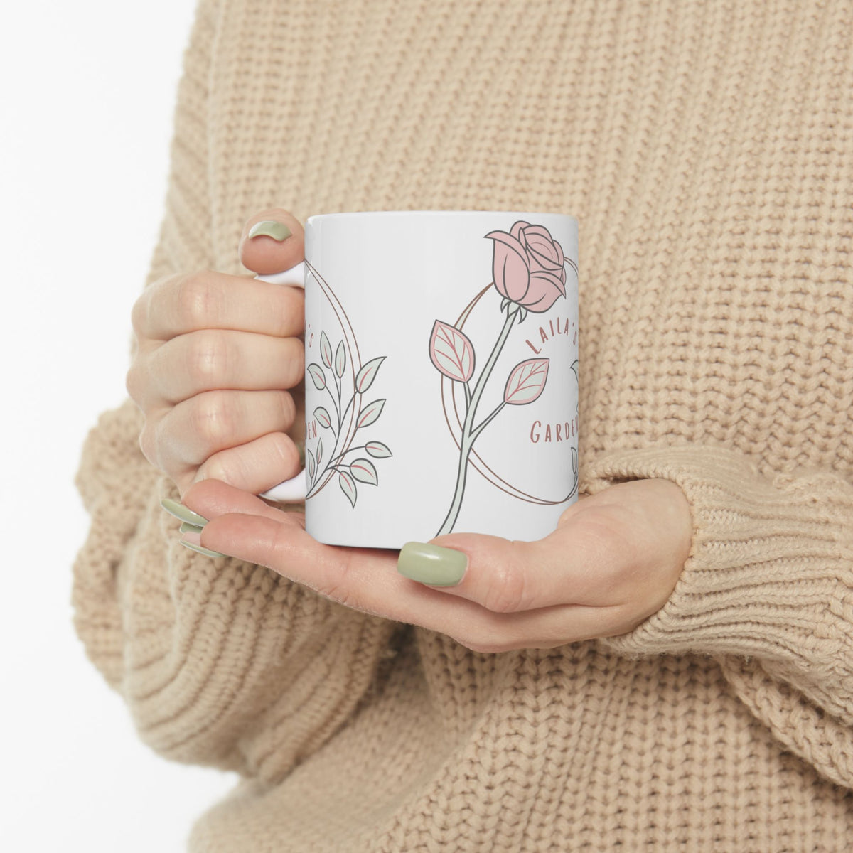 Laila's Garden rose wreath mug lifestyle mockup — styled in a cozy morning setting