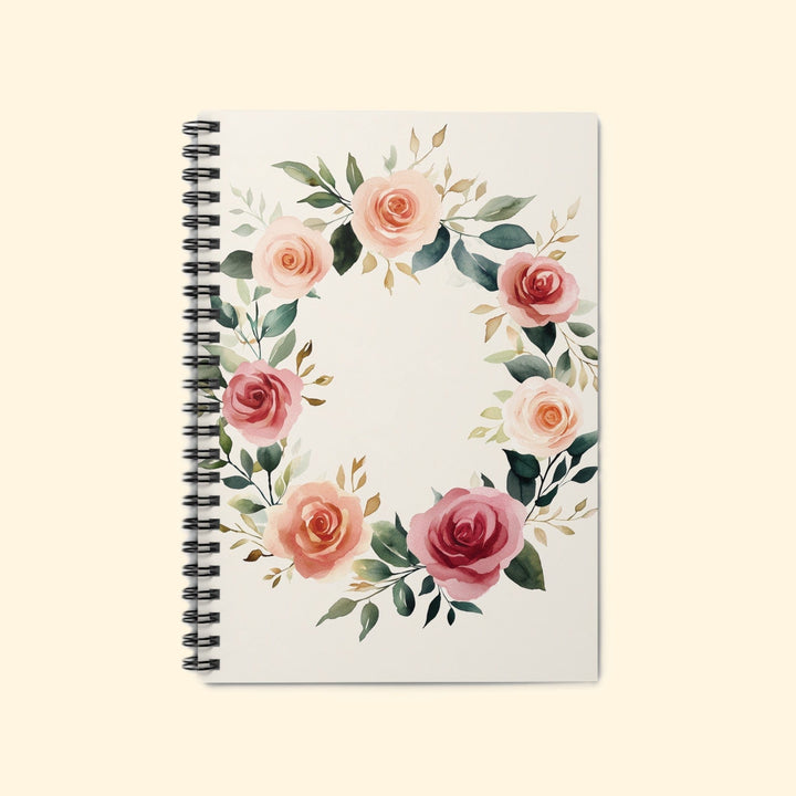 Laila's Garden rose journal front cover — spiral notebook showing full watercolor wreath design